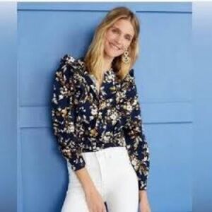 J. Crew Navy Floral Ruffle Blouse Long Sleeve Size L